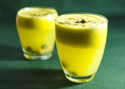 Kairi Panna - A popular summer beverage made by blending raw mango pulp with jaggery, cumin powder, and a hint of salt.